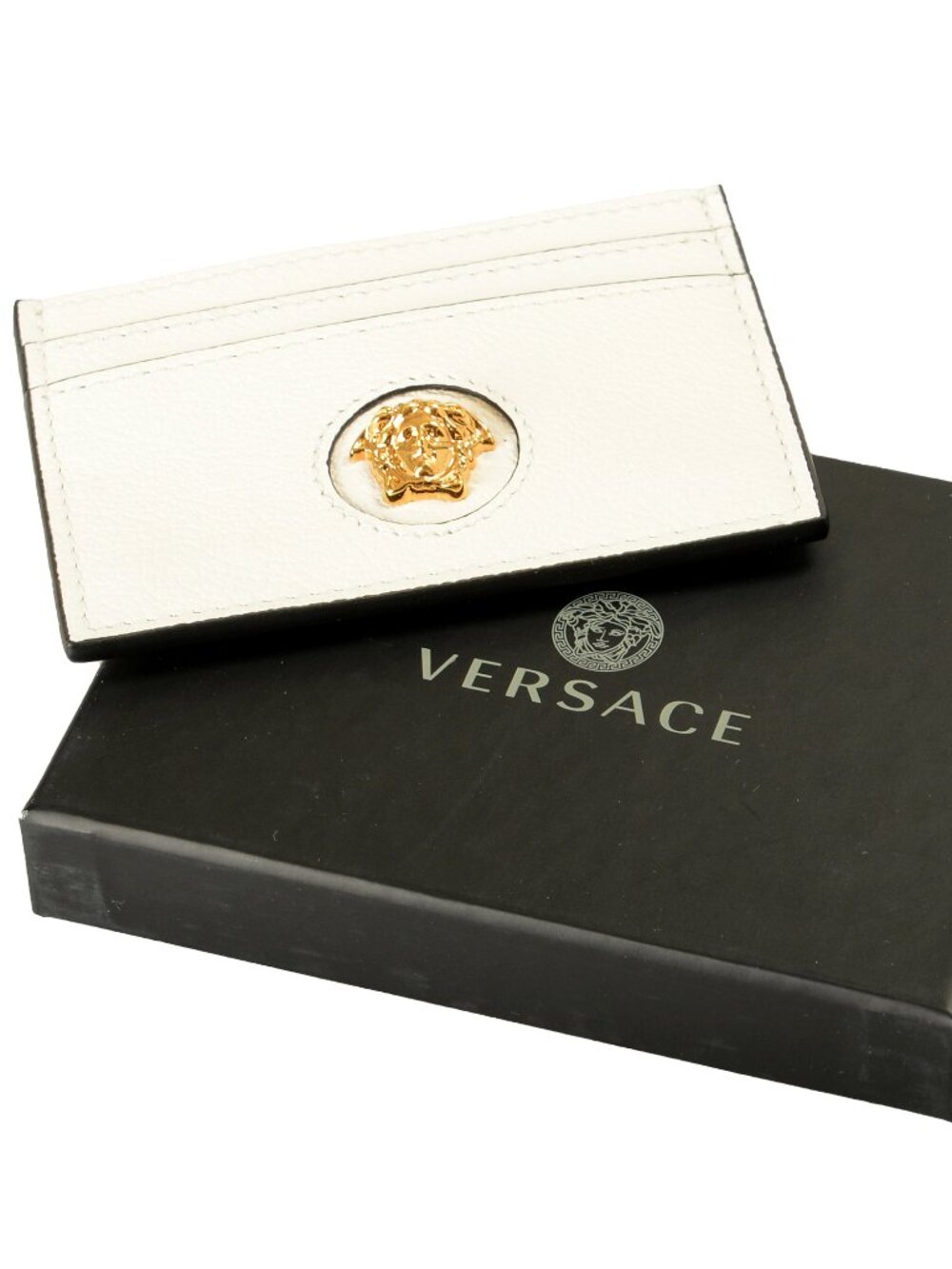 Versace White 100% Leather Gold Medusa Card Case Holder